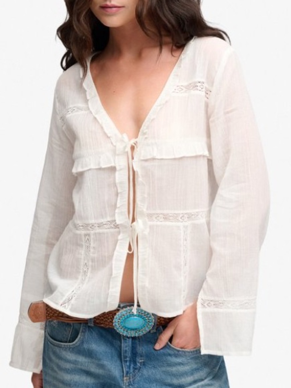 ZARA Boho Long Sleeve Lace Tie Front Cotton Top L